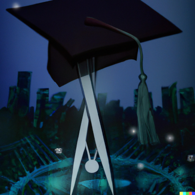 graduation hat next to a A440 tuning fork, in front of a futuristic city nightscape, digital art